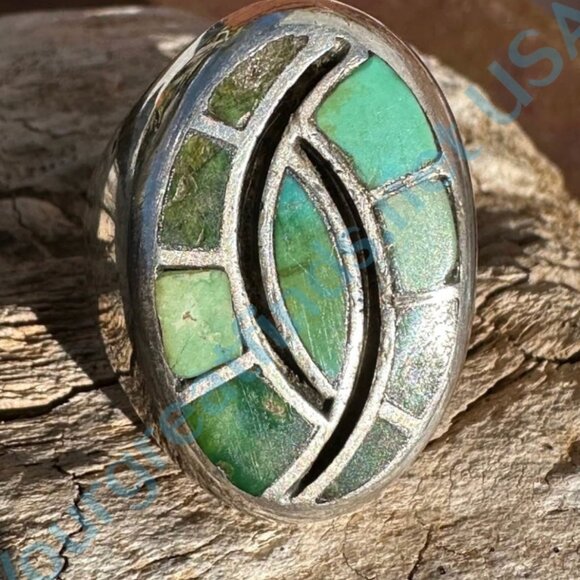 Solid Sterling Silver Zuni Signet Ring Inlay Turquoise Size 10 - Picture 4 of 7